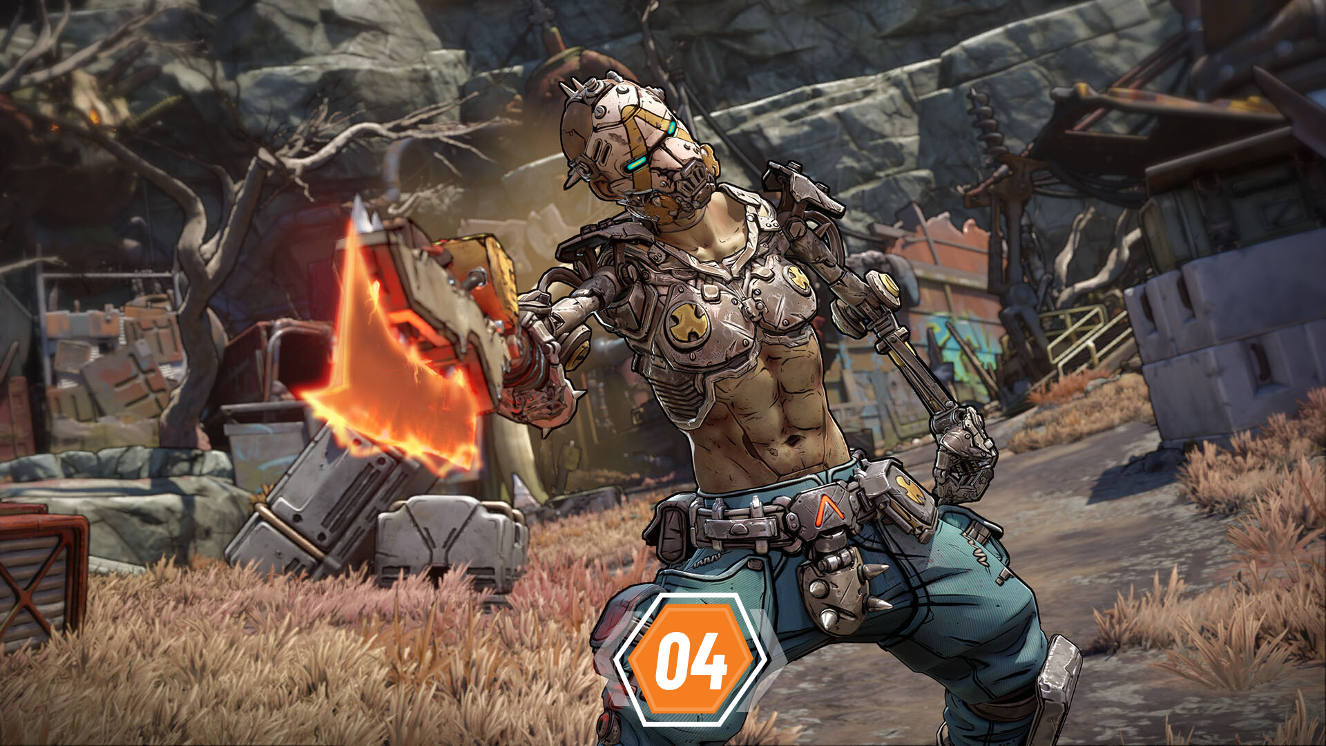 Borderlands 4 screenshot with a raider pointing an energy sword at the camera