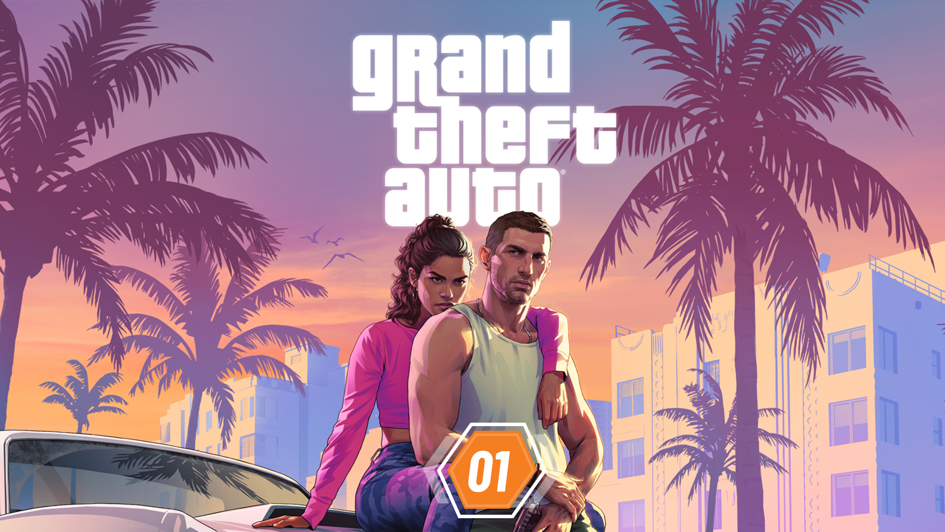 GTA 6 keyart with two character sat atop the hood of a car in Vice City