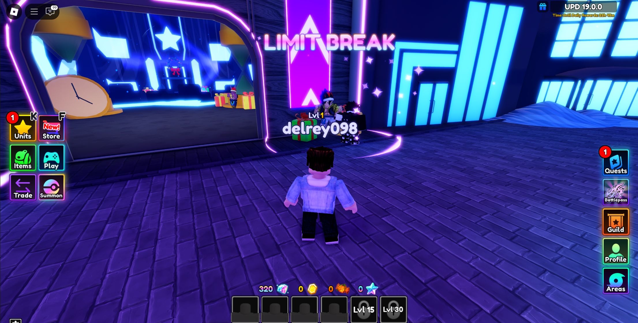 Player standing in front of the limit break character - Roblox Anime Adventures