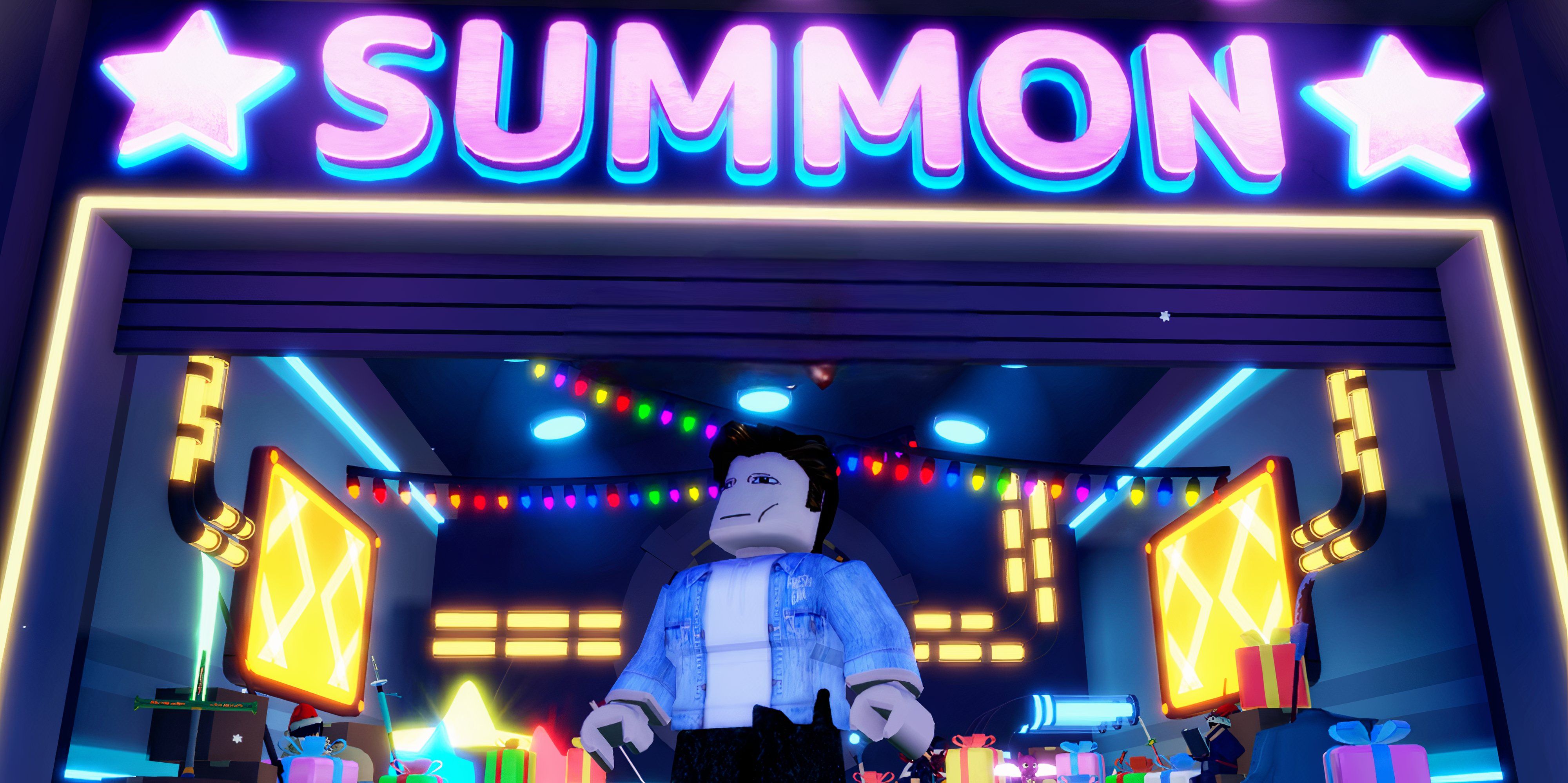 Player is looking up and there is a summon sign behind him - Roblox