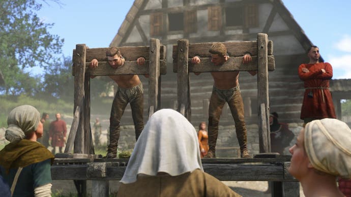 Screenshot from Kingdom Come Deliverance 2 showing two shirtless men in stocks