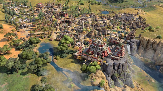 Civ 7 official screenshot showing a Mayan City on cliffs, a river and a waterfall