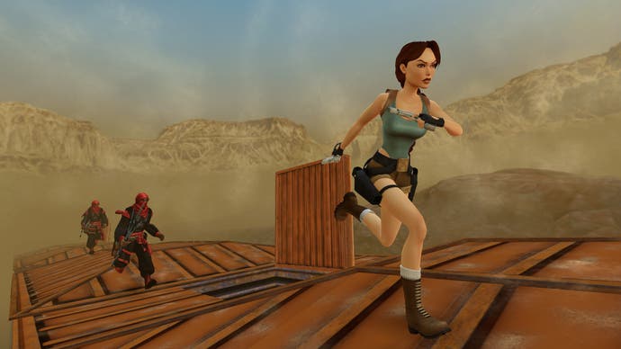 Lara Croft runs across a rooftop away from pursuing shinobi in Tomb Raider IV-VI Remastered