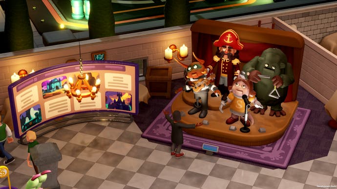 Two Point Museum screenshot showing haunted puppet band