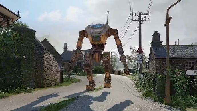 Atomfall screenshot showing giant mech patrolling through a British country village