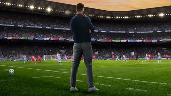 Football Manager 25 image showing man in normal clothes standing on a football pitch