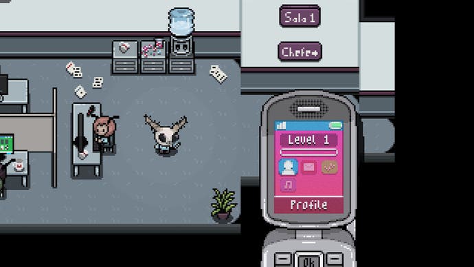 A corporate moth creature looks at its phone in an office scene in Moth Kubit.