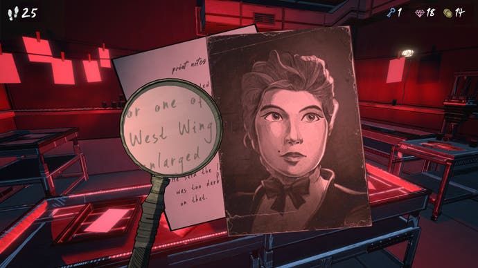 An old photograph of a woman and a note is examined under a magnifying glass inside a red room in Blue Prince.