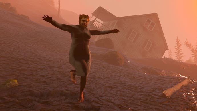 A Baby Steps screenshot showing a middle-aged man in a grey onesie running down a muddy hillside with his arms outstretched.