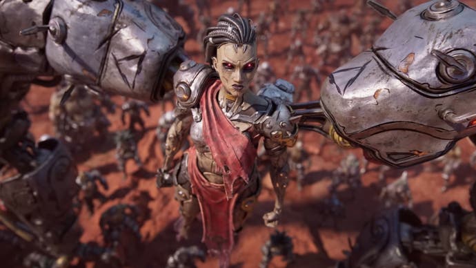 Borderlands 4 trailer screenshot showing android character in the air with mechanical arms from her back