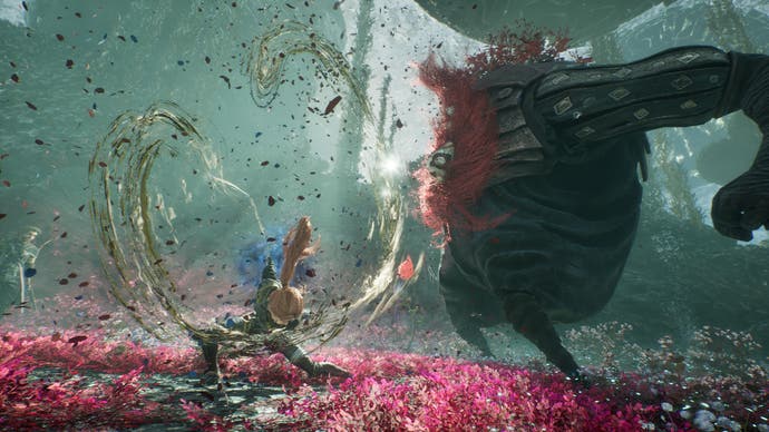 Clair Obscur: Expedition 33 screenshot showing female character crouched swiping a sword against a rotund masked enemy