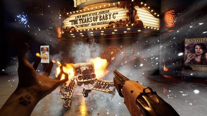 The player shoots a machine outside a cinema in Judas.