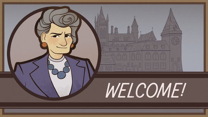 A headshot of an elderly woman and an ornate boarding school in the background, with text that says "Welcome!" in the bottom part of the image, from Miss Mulligatawney's School for Promising Girls.