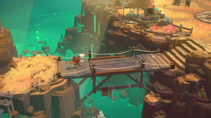 Moonlighter 2 screenshot showing hero running across a bridge