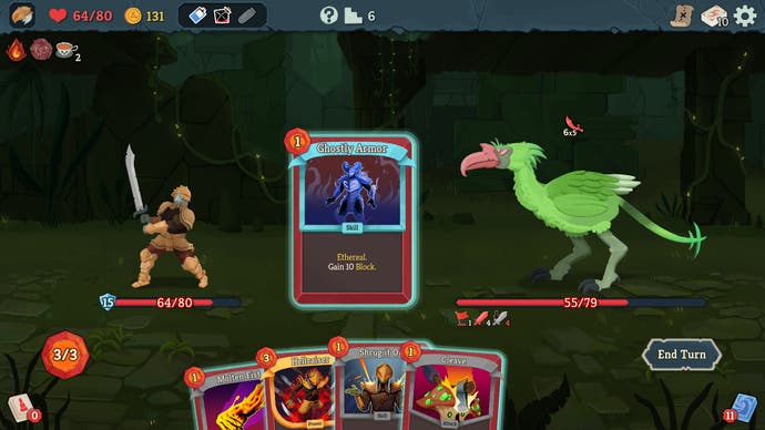 A knight prepares to fight a large green bird in Slay the Spire 2.