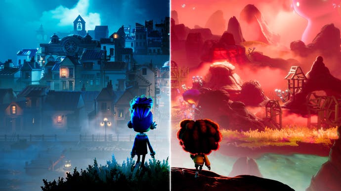 Stage Fright promotional art showing two characters side by side but separated by a line down the middle of the image. The character on the left surveys a gloomy blue world of spooky houses while the one on the right looks out across a red landscape of shacks and mountains.