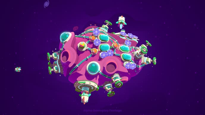 A purple asteroid with lots of facilities built on it, in Star Birds.