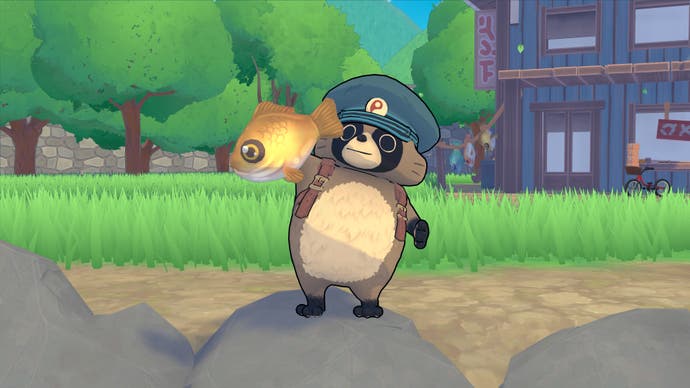 A tanuki in a postman's hat holds up a golden fish in Tanuki: Pon's Summer