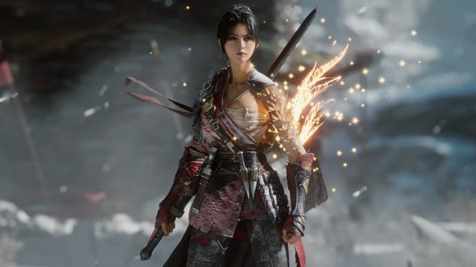 Wuchang: Fallen Feathers screenshot of female protagonist in snow environment posing with sword