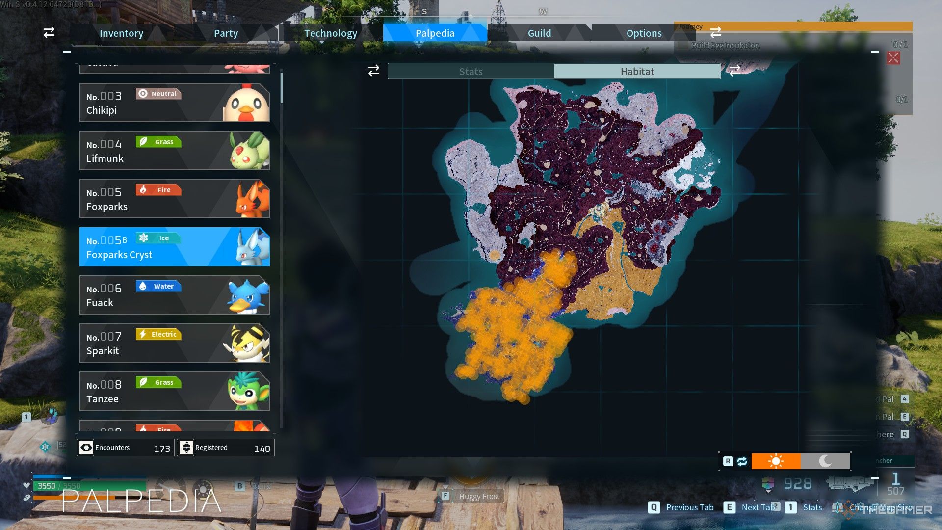 The orange-colored areas shows the location of the Foxparks Cryst's spawning areas in Palworld.