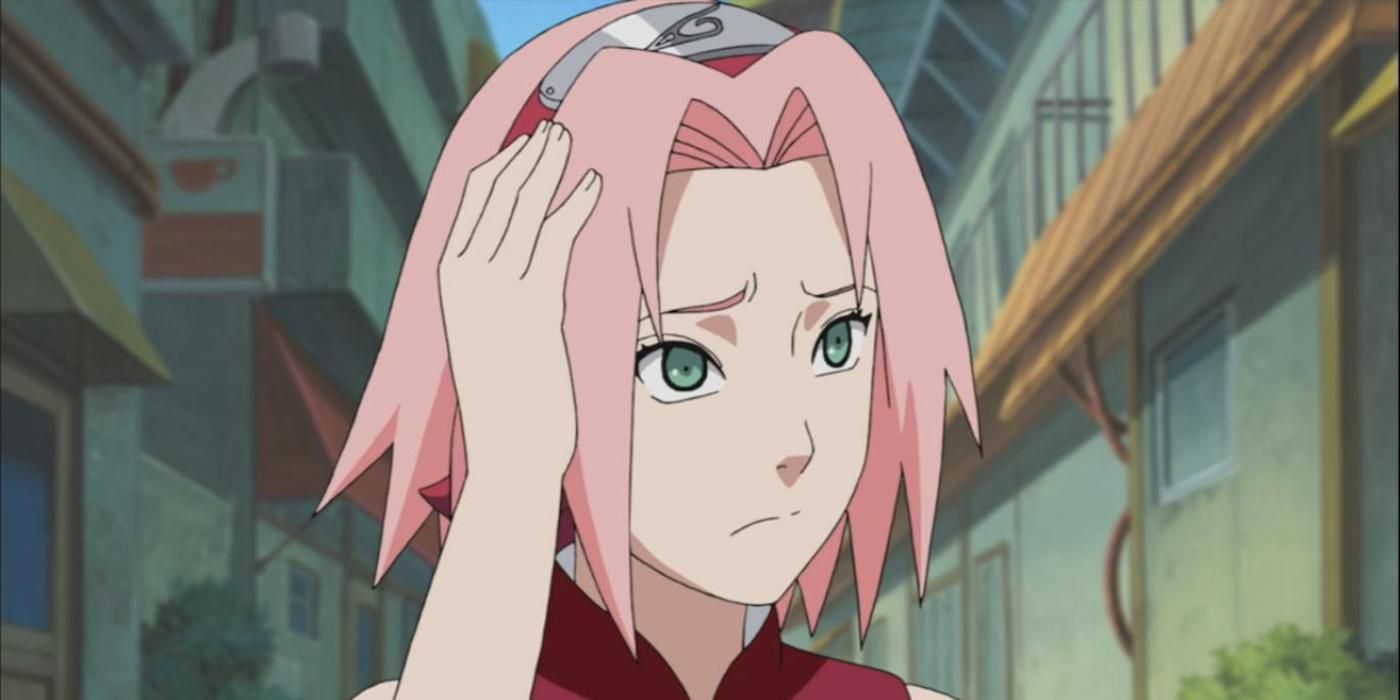 Sakura scartching her head in Naruto.