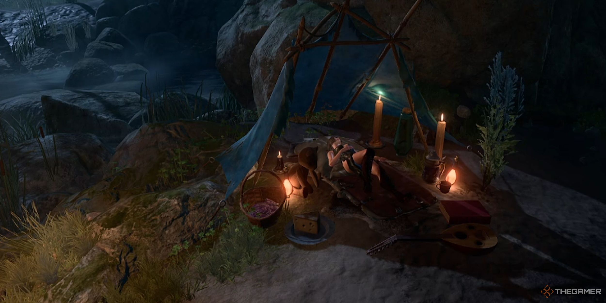 A decorated tent in camp with Tav sleeping in it in Baldur's Gate 3.