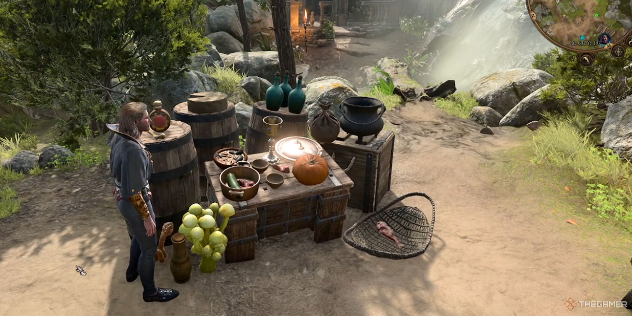 Gale by a decorated kitchen in the camp in Baldur's Gate 3.