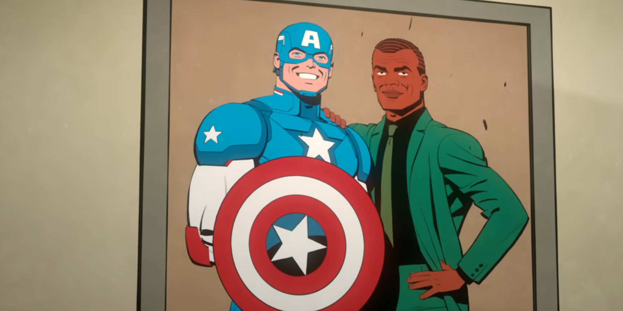 Photograph of Captain America and Norman Osborn posing together in Your Friendly Neighborhood Spider-Man.