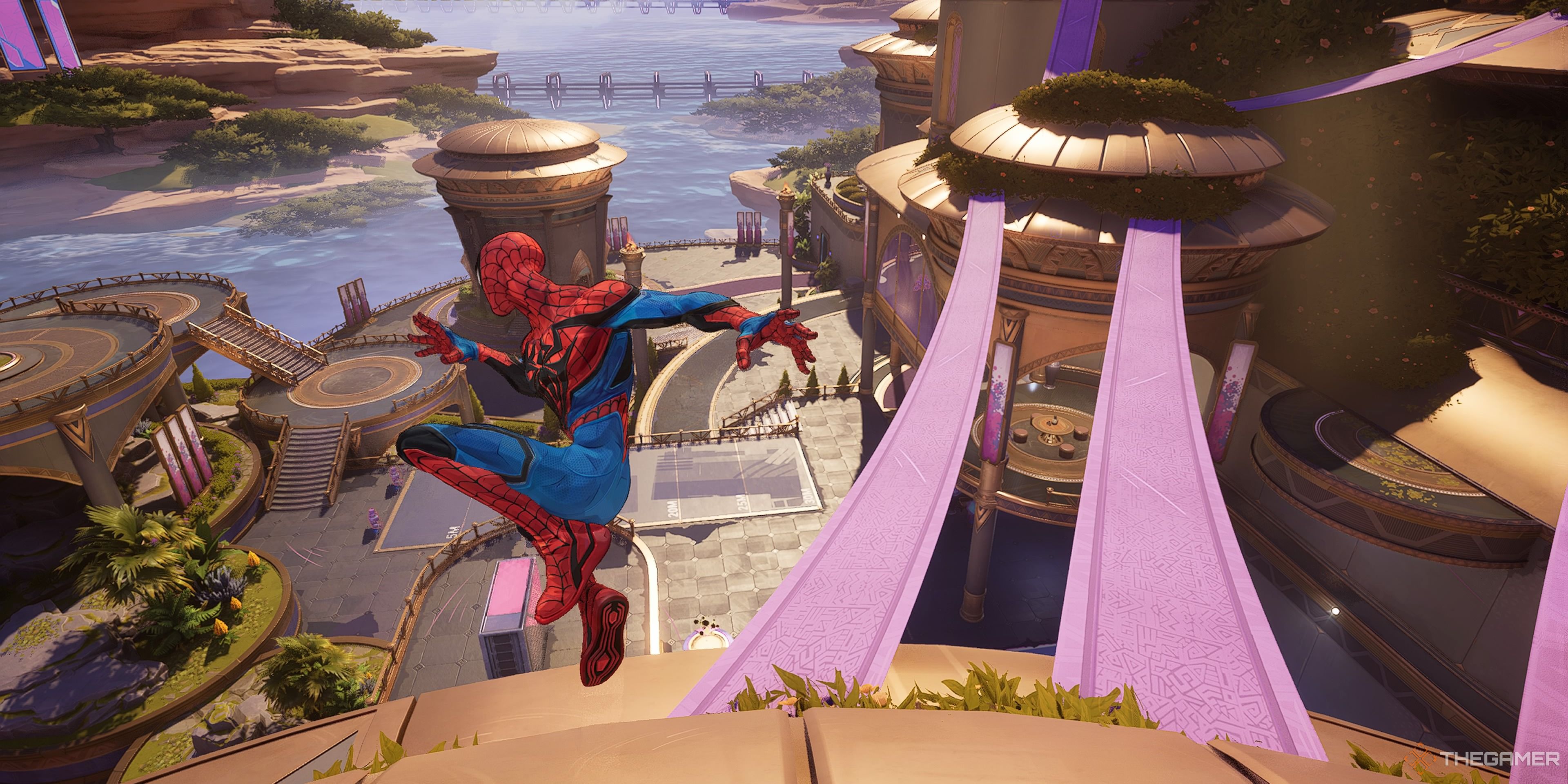 The image shows Spider-Man in Mavel Rivals attacking from on top of a Practice Range rooftop. He is in a mid-air jump attack and tilted toward the left side of the image. There are purple parapets strung across the roofs.