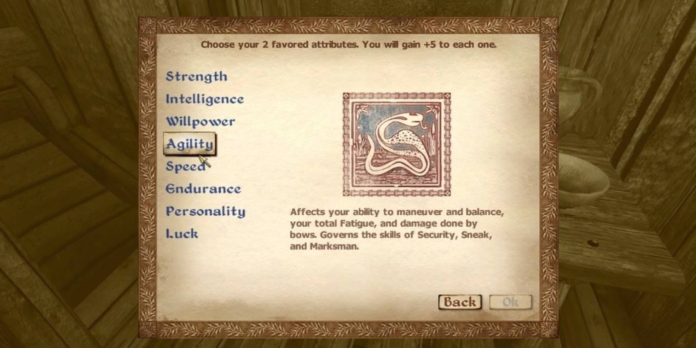 Selecting your two favored attributes in Oblivion.