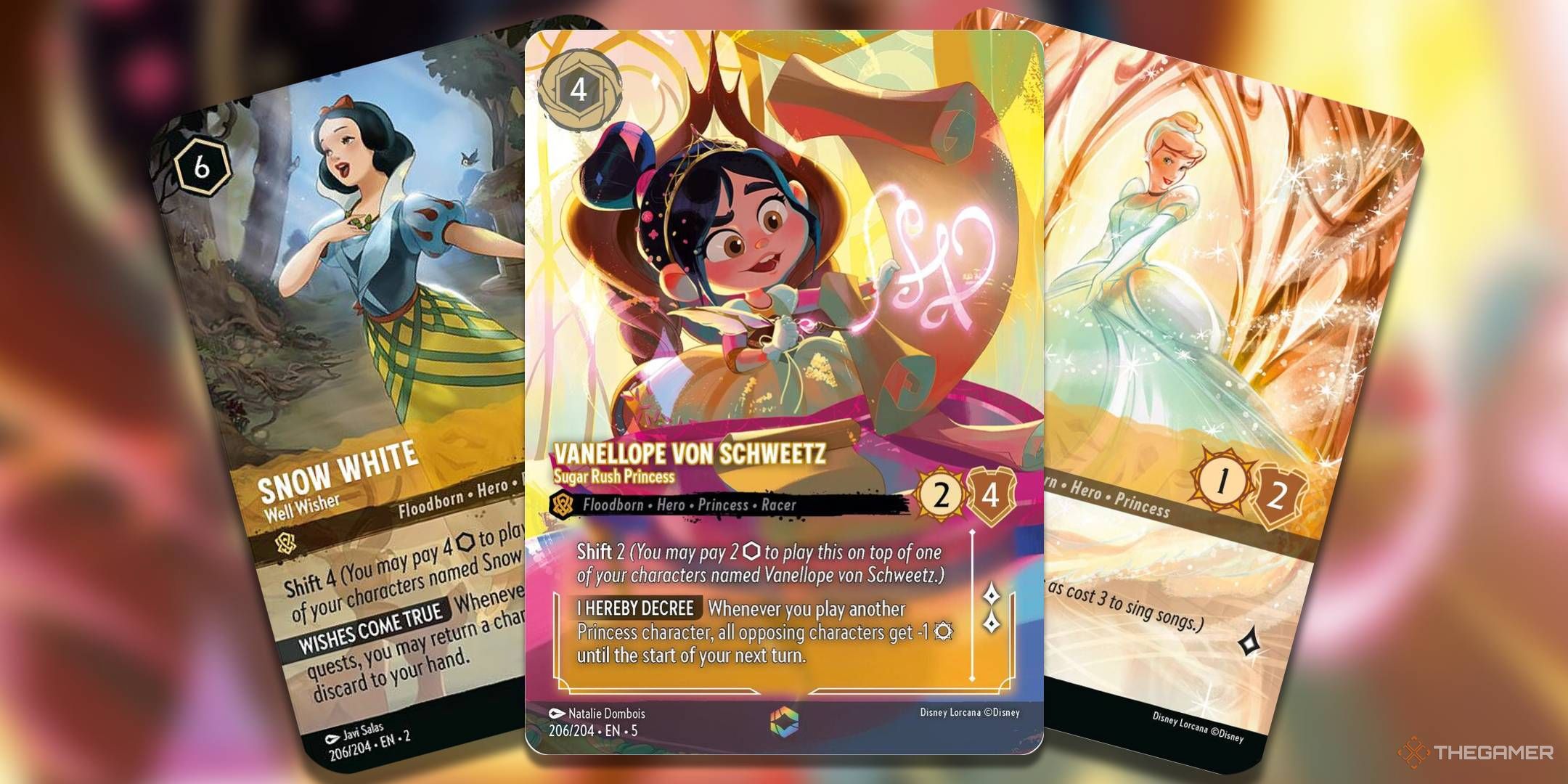 Disney Lorcana, Snow White well wisher, Vanellope Von Schweetz, Sugar Rush Princess, and Cinderella, Ballroom Sensation enchanted cards on a blurred background.