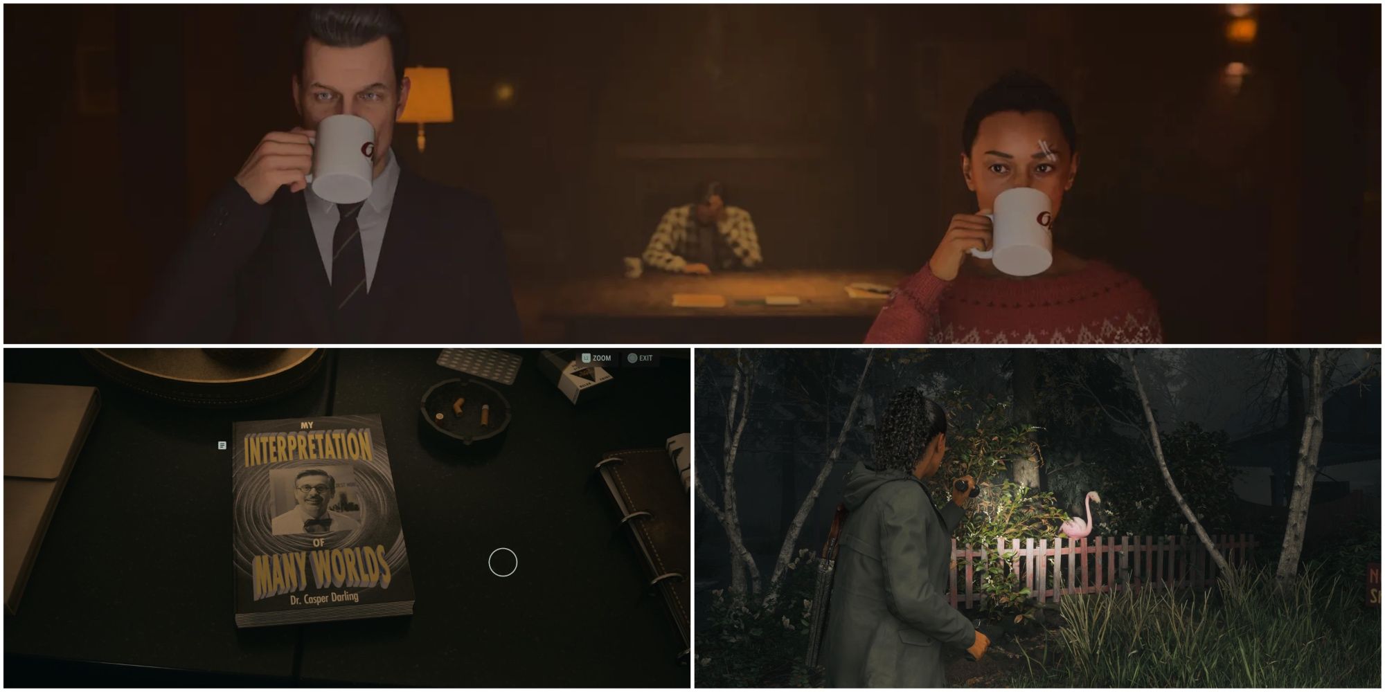 Split image showing easter eggs from different games and tv shows in Alan Wake 2.