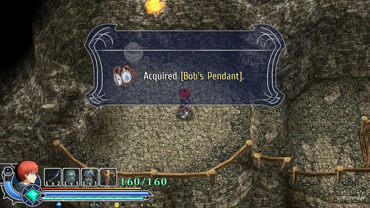 Adol picking up bob's pendant in the Tigray Quarry in Ys memoire oath in felghana.