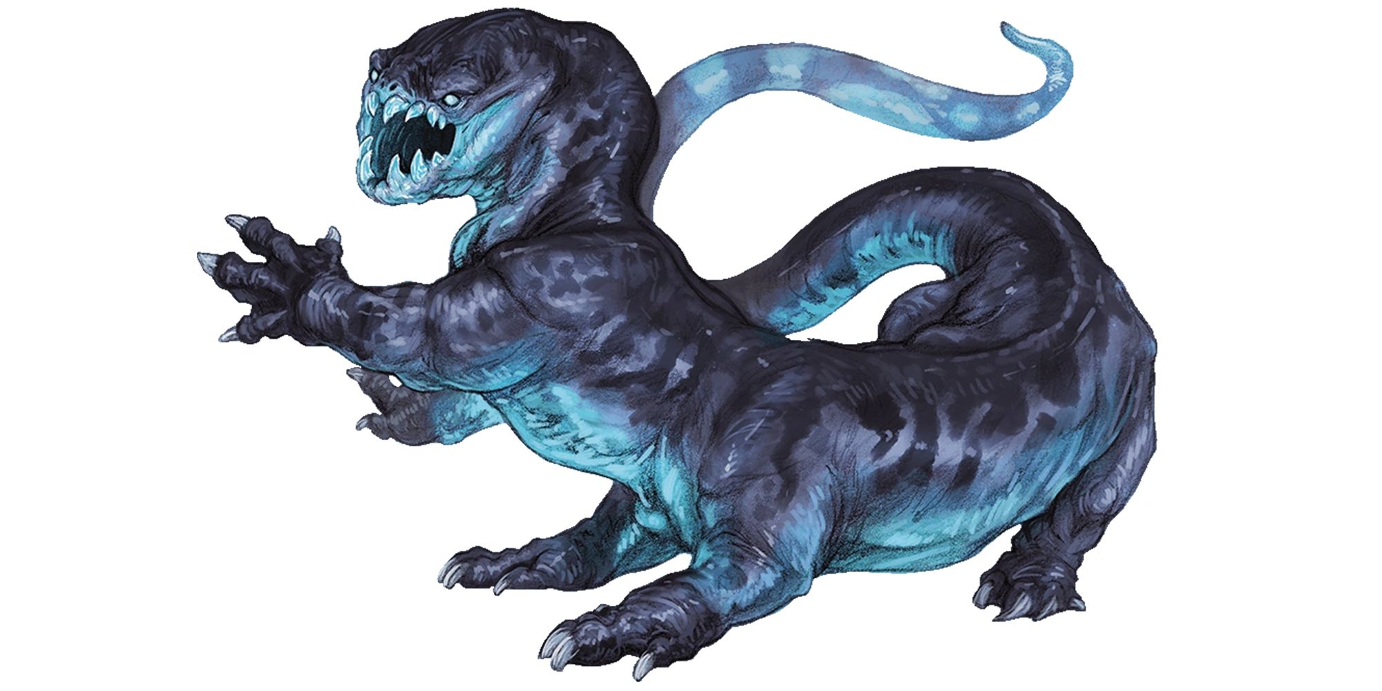 A blue lizard like creature with six legs rears back and shows its fangs from Dungeons & Dragons.