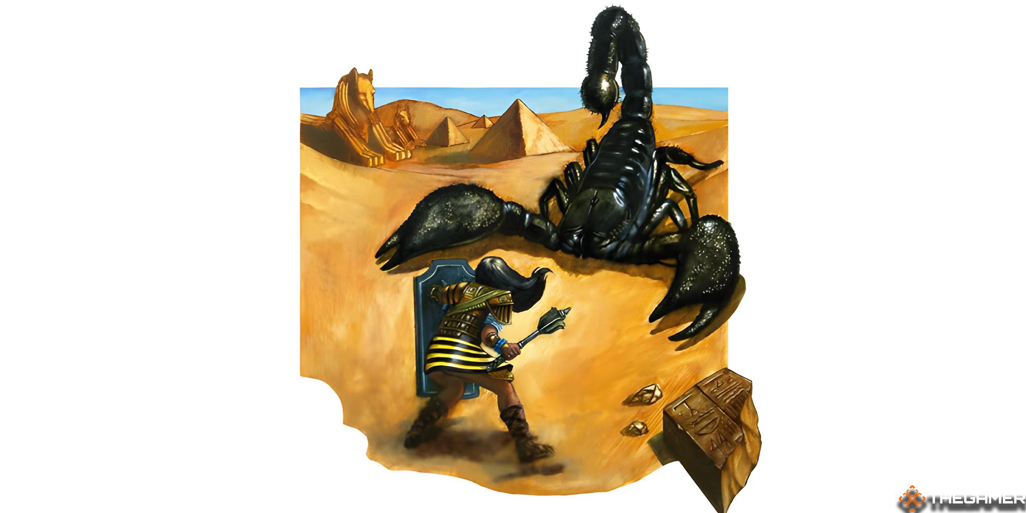 A warrior fighting a giant scorpion in the desert in D&D.