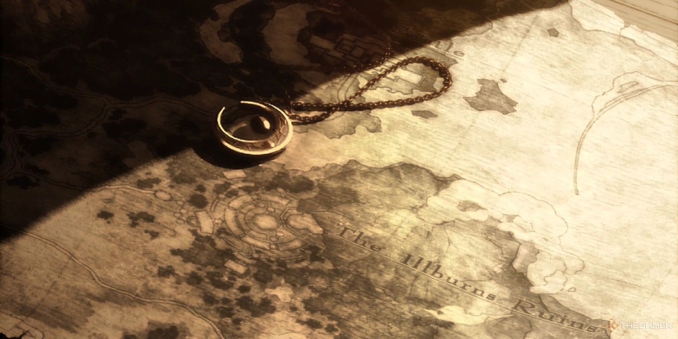 Elena's crescent moon necklace resting on a map in Ys Memoire the oath in felghana.