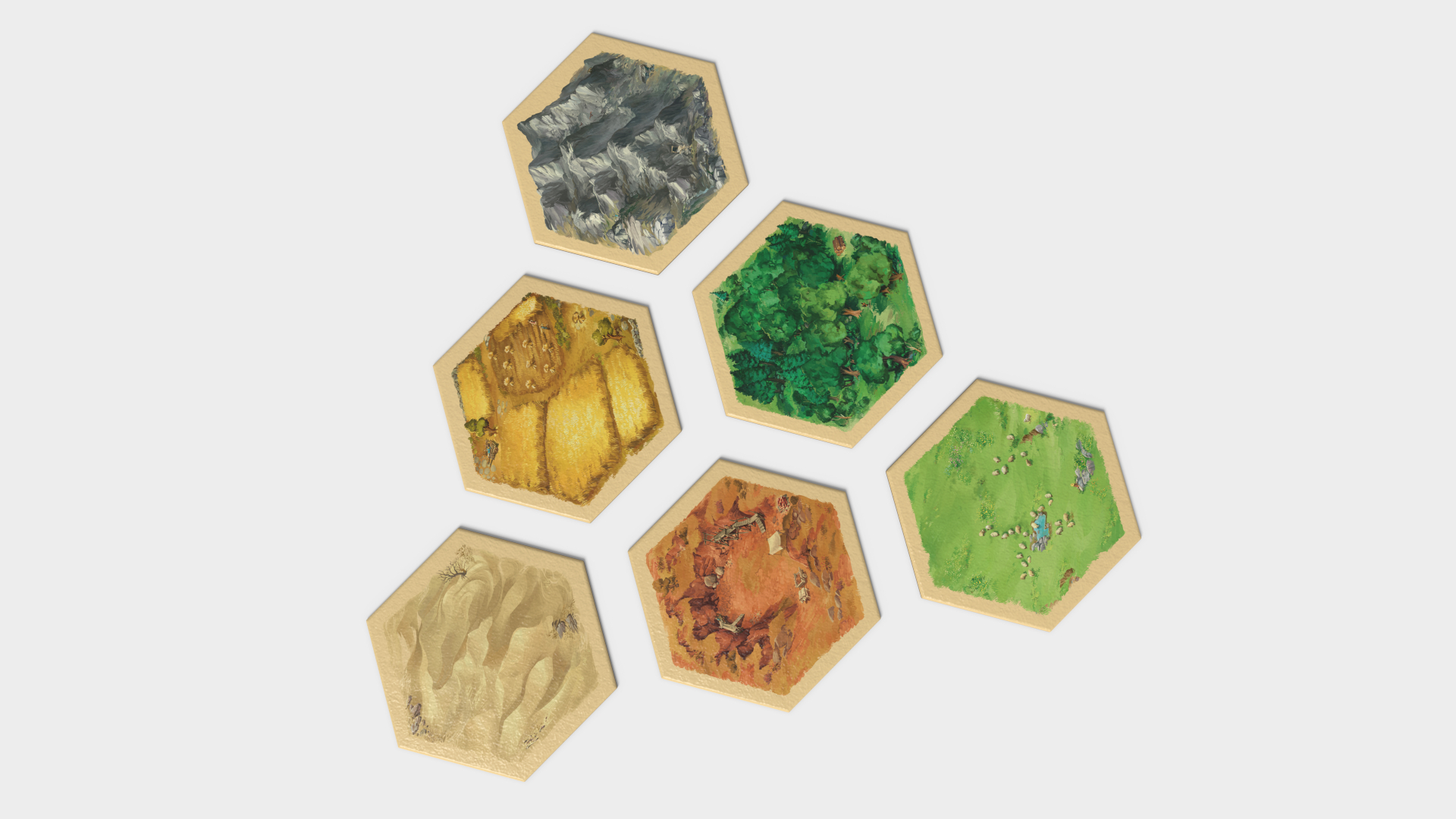 Catan tiles on a plain background