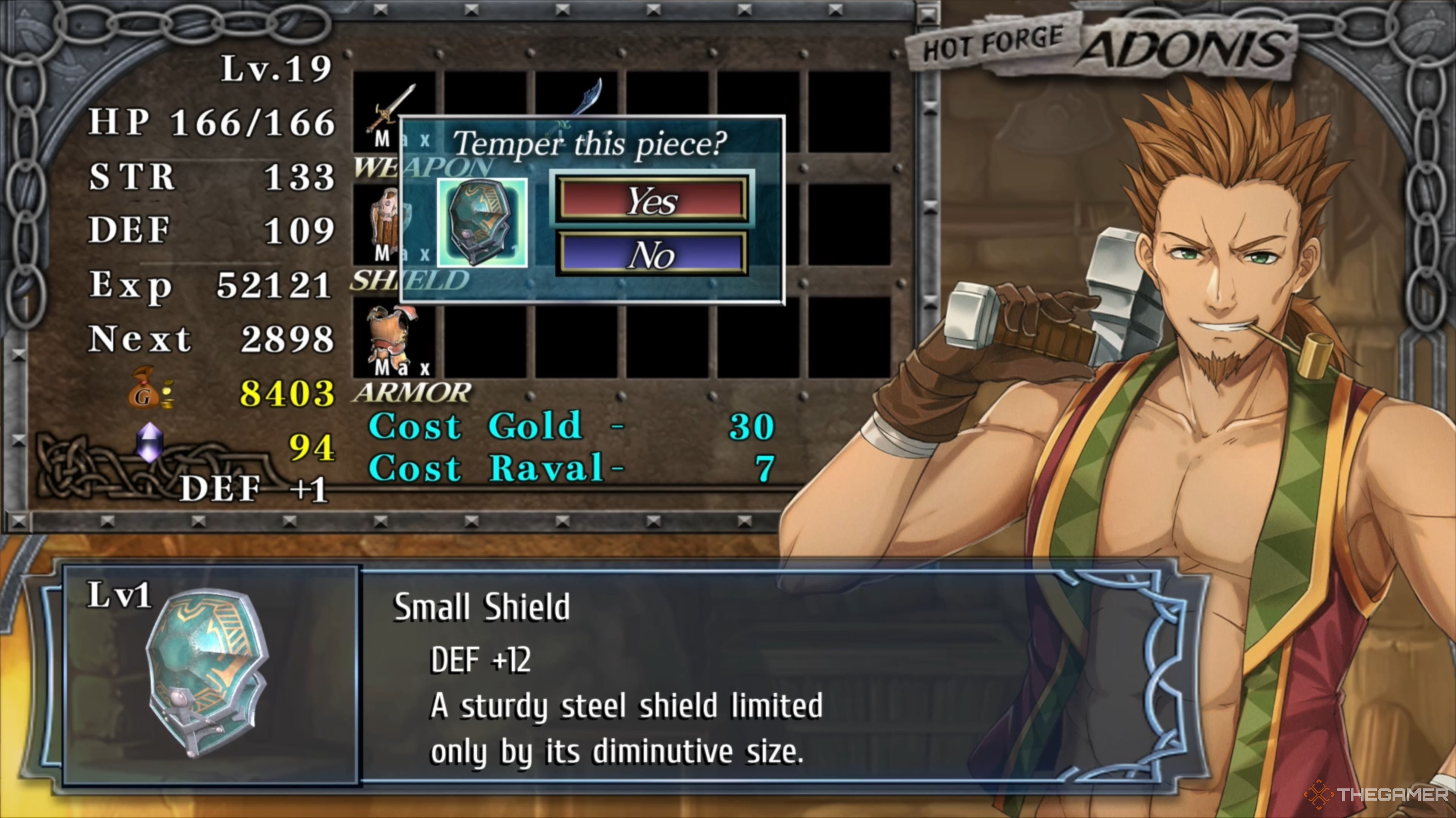 Adol upgrading his Small Shield via Adonis in Ys Memoire: The Oath in Felghana.