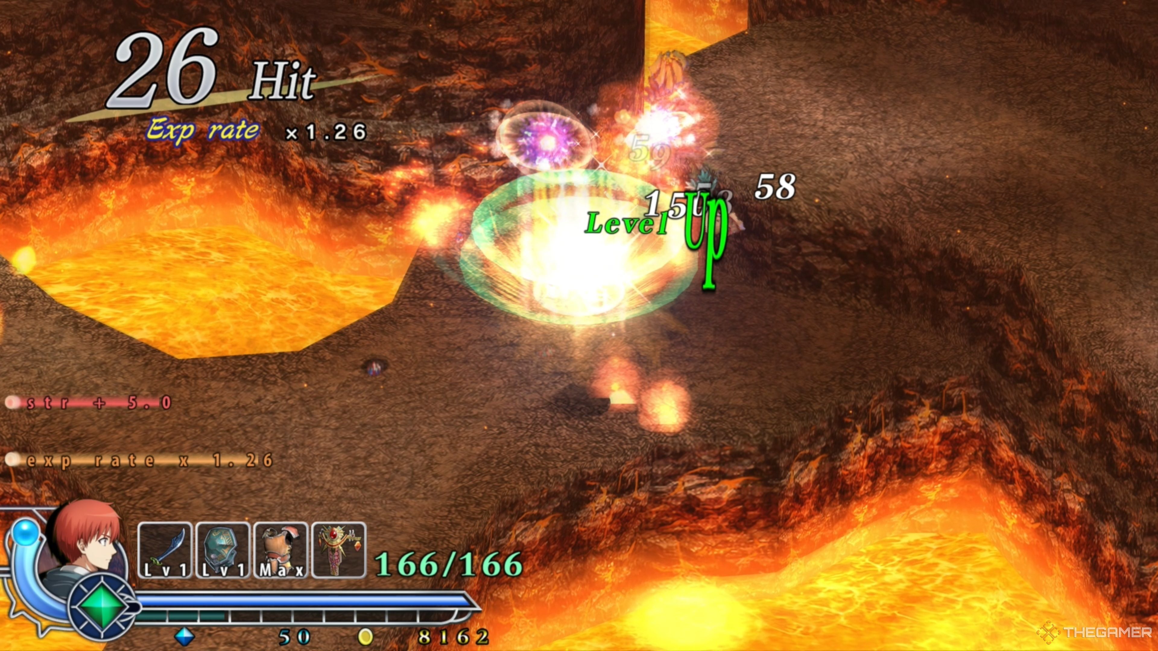 Adol Leveling up in the Zone of Lava by defeating the area's standard enemies in Ys Memoire: The Oath in Felghana.