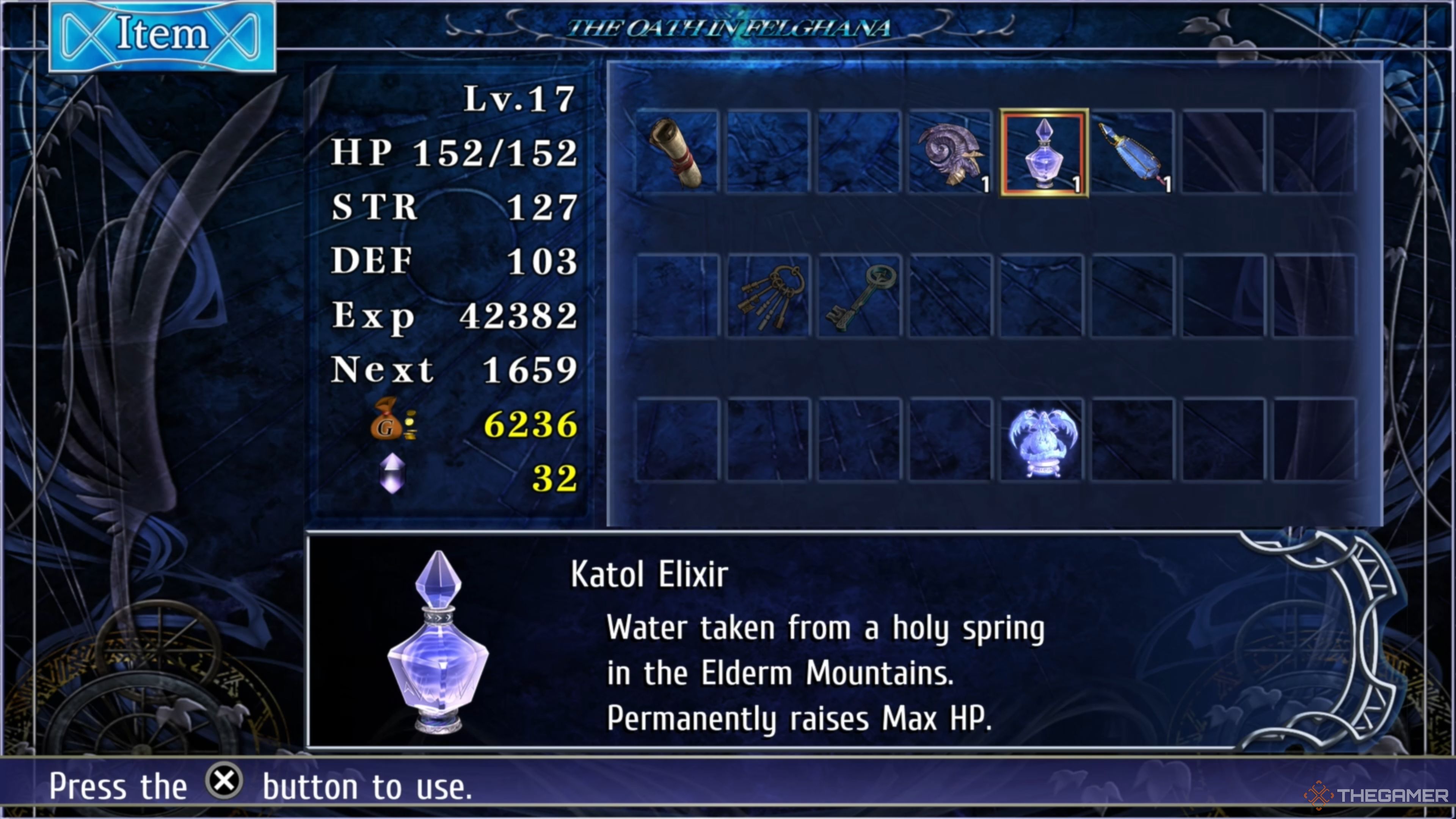 Adol consuming the Katol Elixir to permanently increase his HP in Ys Memoire: The Oath in Felghana.