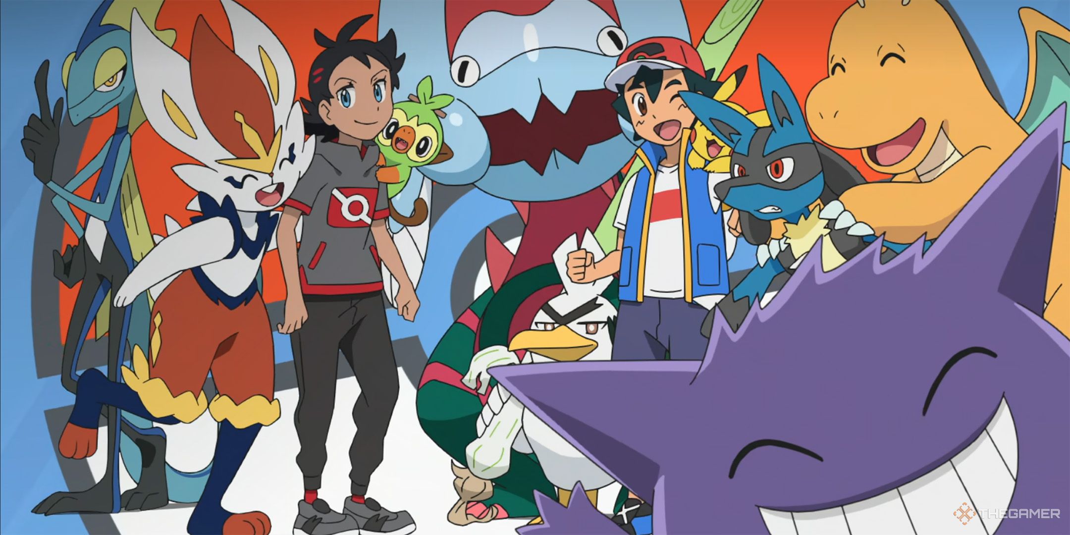 Ash and Goh surrounded by their Pokemon team in Pokemon Journeys: The Series.