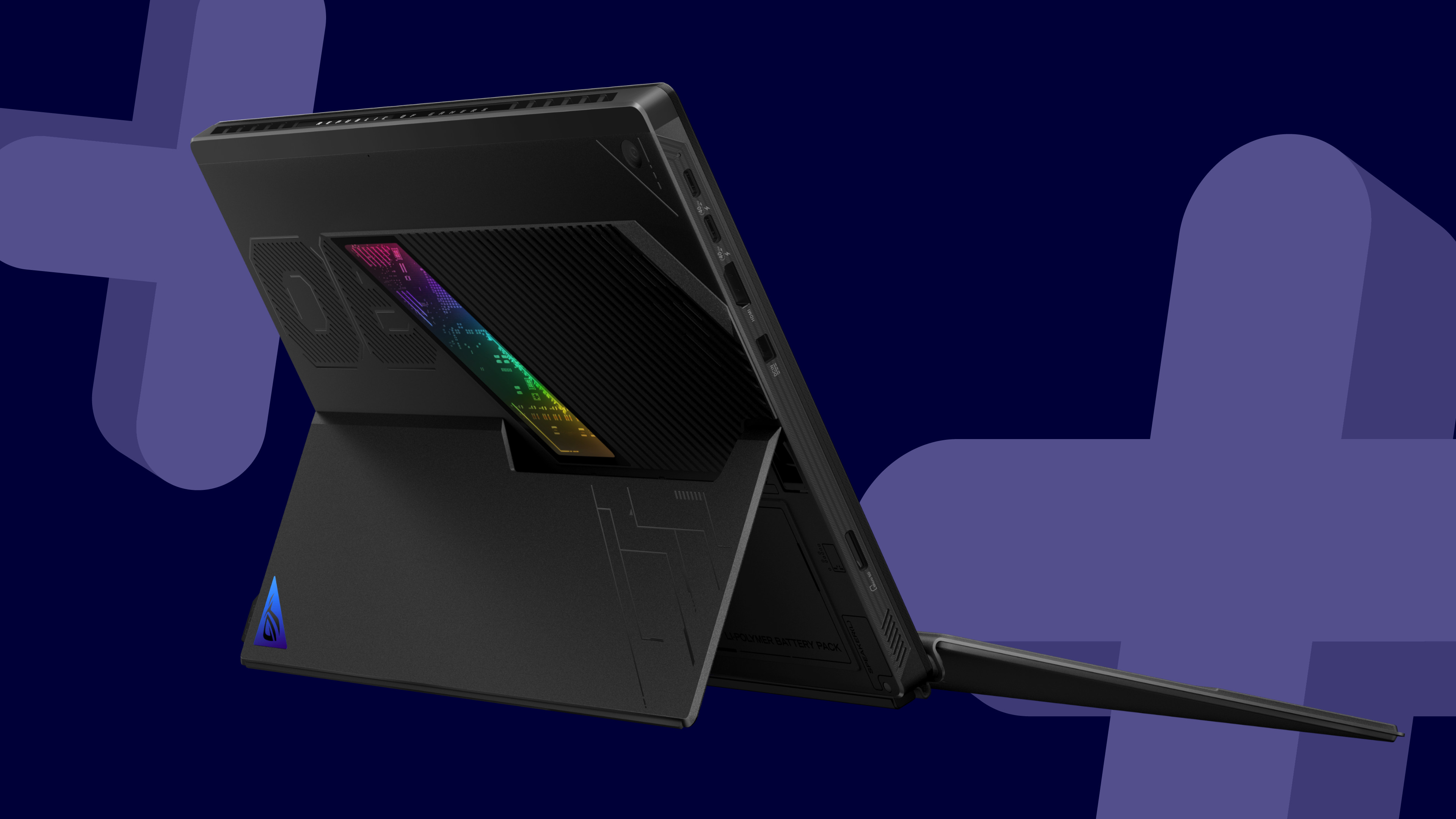 Asus ROG Flow Z13 tablet rear panel showing RGB window on a dark blue background