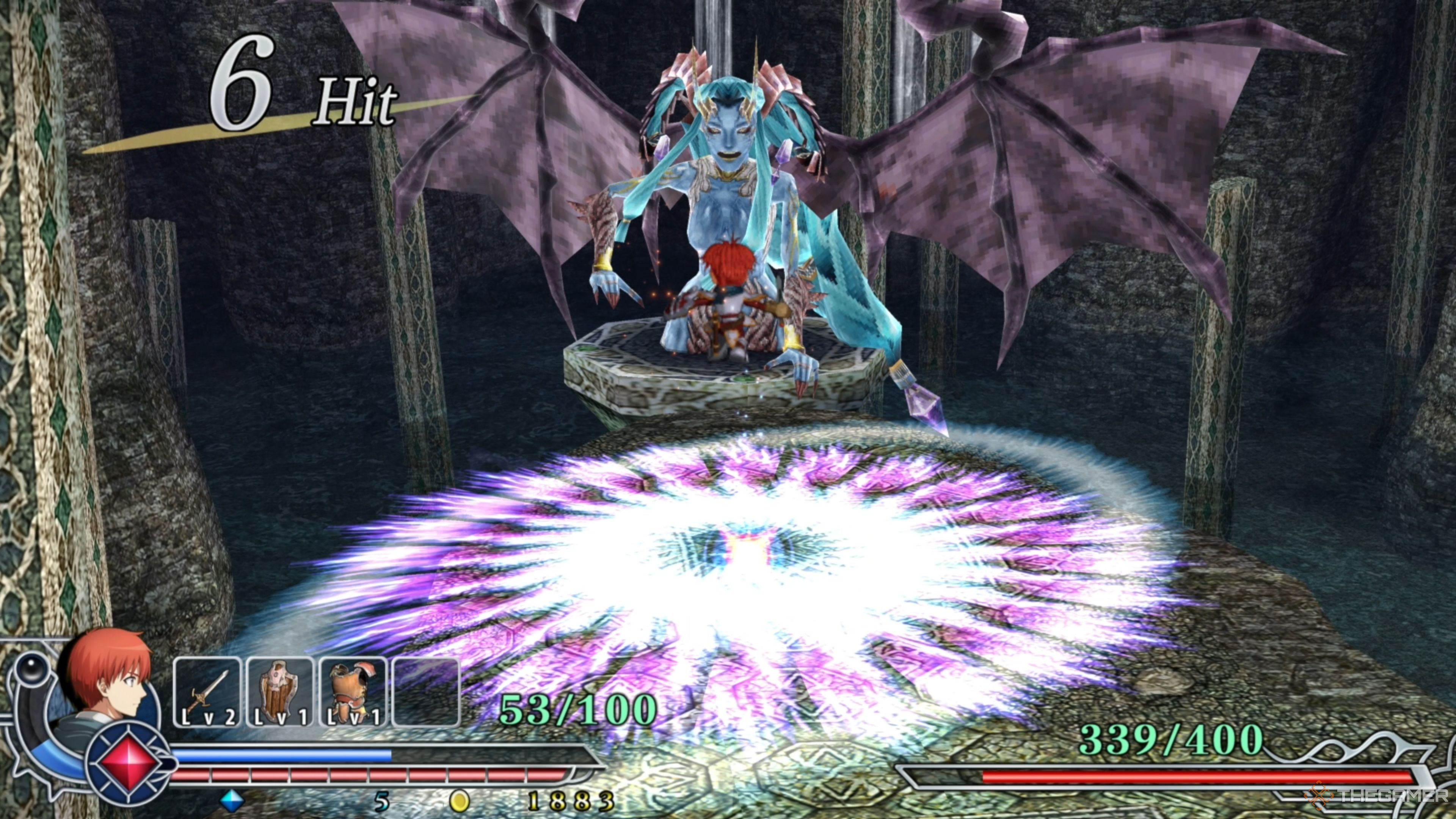 Adol leaping over Ellefale's Magic Disc attack in Ys Memoire: The Oath in Felghana.