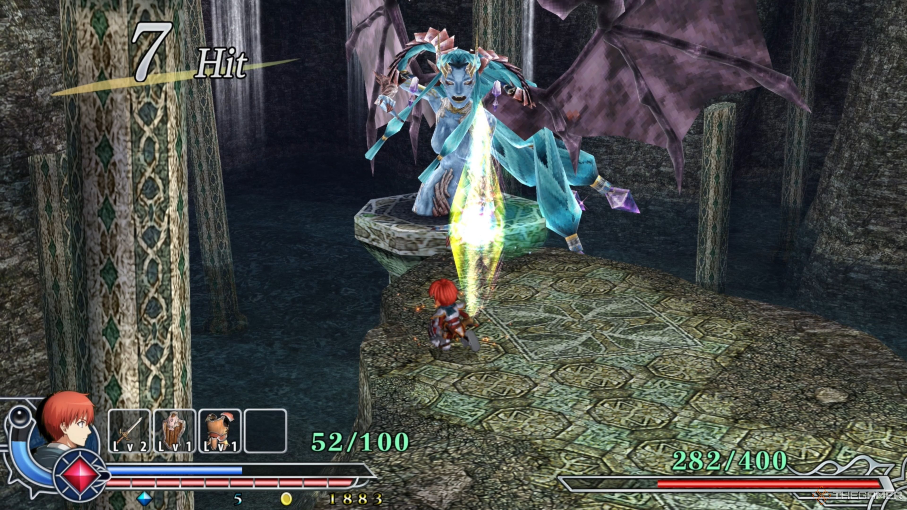 Adol running to the side of Ellefale's Vertical Slash attack in Ys Memoire: The Oath in Felghana.