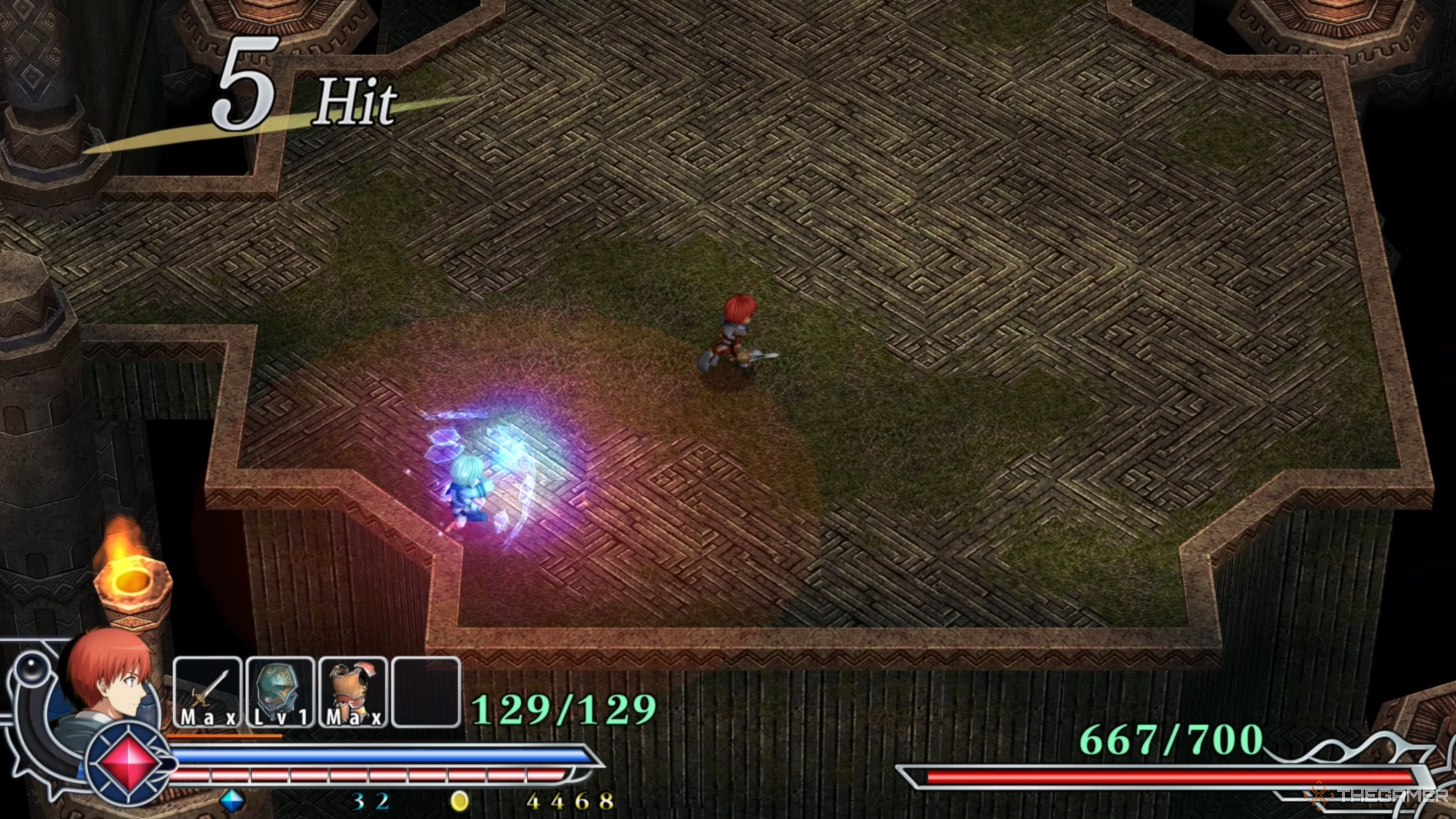 Chester Stoddart activating his Barrier to make himself immune to Adol's attacks in Ys Memoire: The Oath in Felghana.