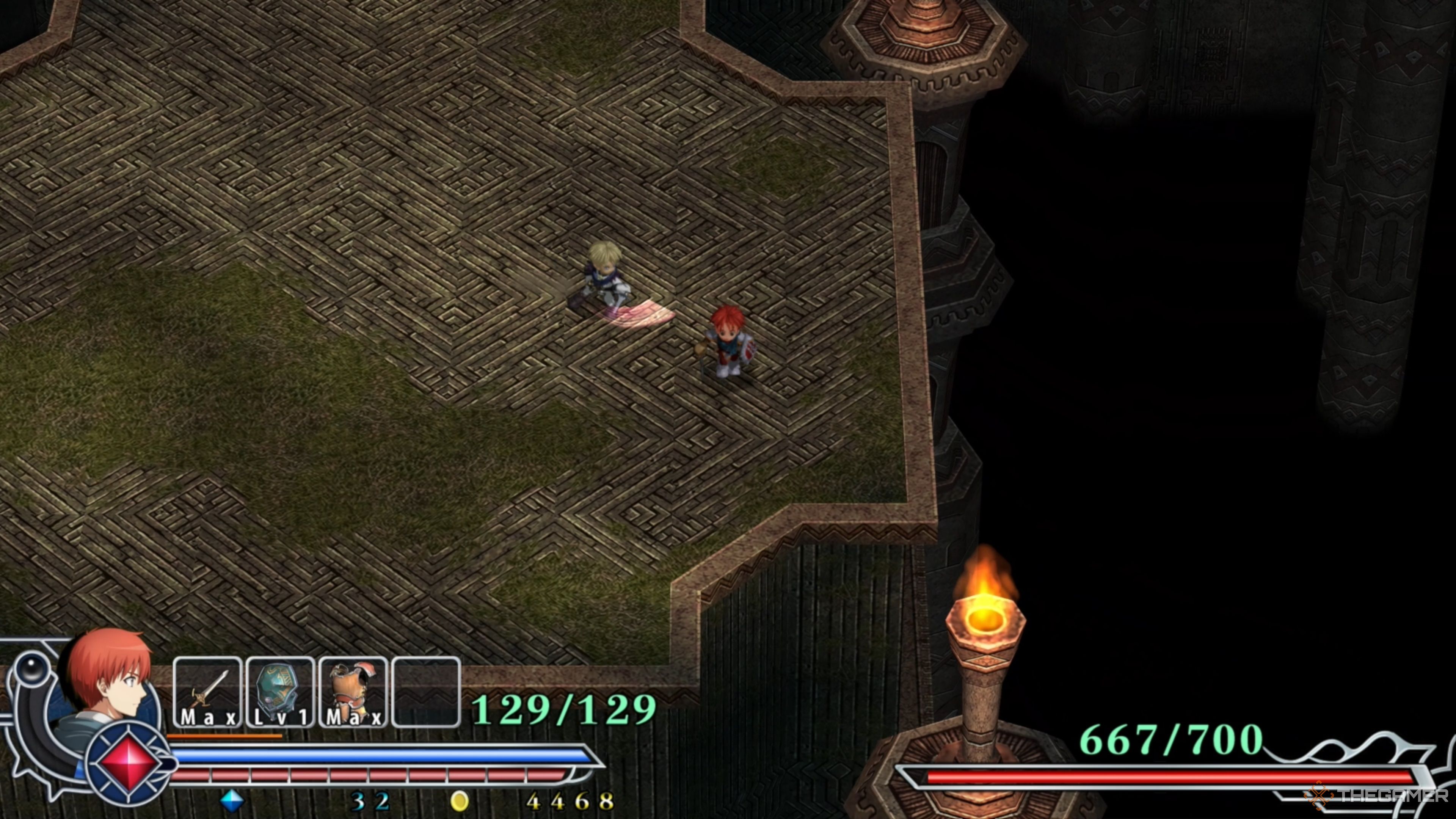 Chester unleashing a series of strikes with his sword against Adol in Ys Memoire: The Oath in Felghana.