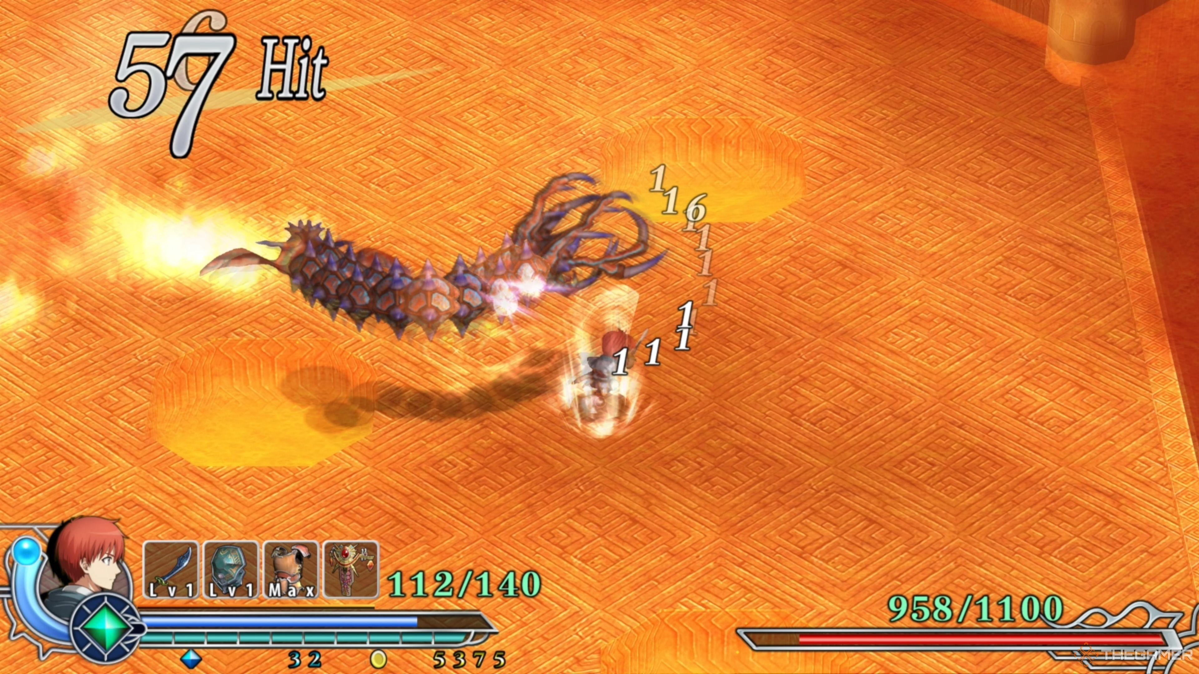 Guilen breathing fire while slithering overtop lava in Ys Memoire: The Oath in Felghana.