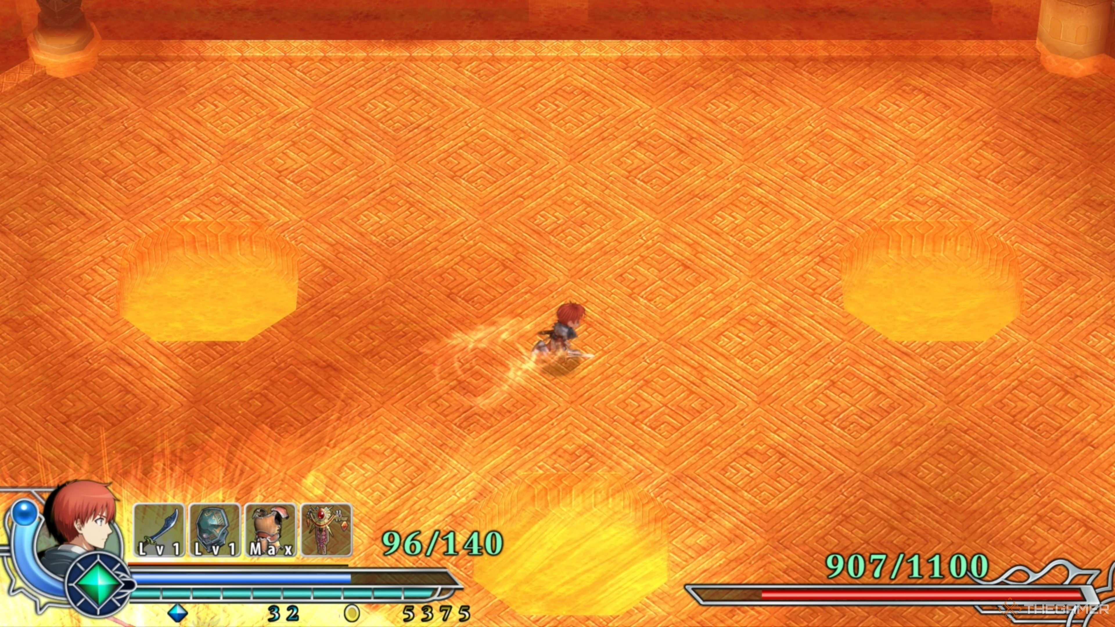 Adol running away from a pit of lava that Guilen is about to emerge from in Ys Memoire: The Oath in Felghana.