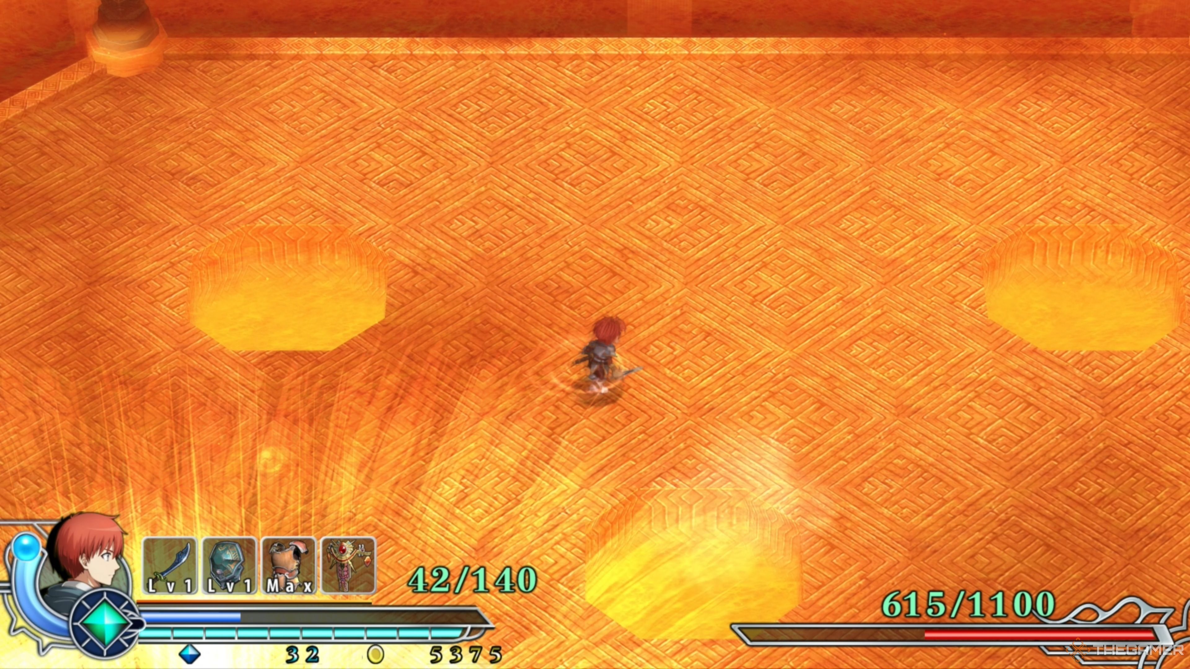 Adol running away from where Guilen is about to emerge to avoid the lava in Ys Memoire: The Oath in Felghana.