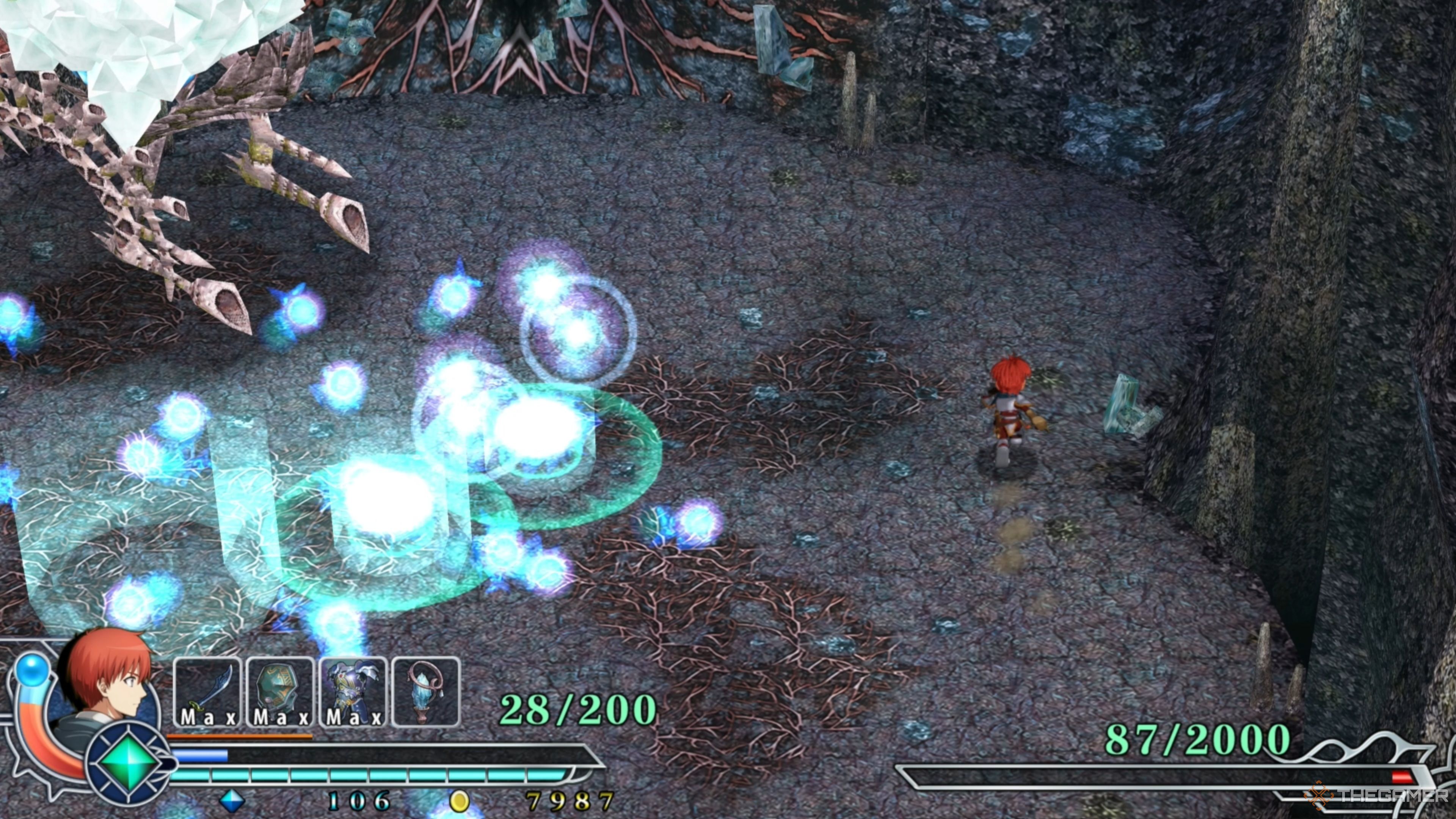 Istersiva launching several Energy Orbs that break into smaller Energy Orbs, flooding the arena in chaos in Ys Memoire: The Oath in Felghana.